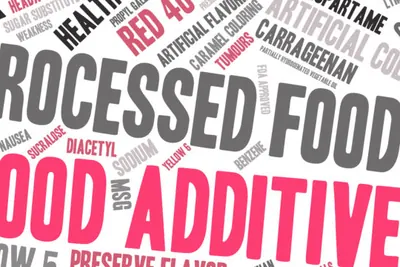 Word cloud of food additive terms such as preservatives and artificial coloring