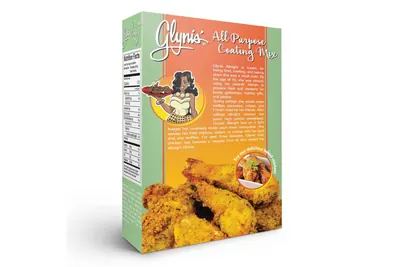 Package of homemade-style all-purpose coating mix beside crispy coated chicken