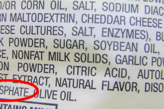 Ingredient label with sodium phosphate circled in red