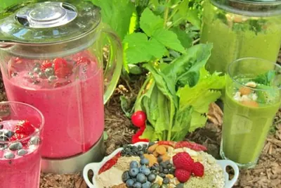 Berry and green smoothies with fresh fruit
