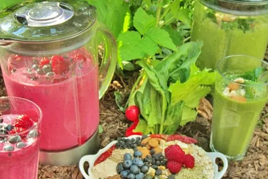 Berry and green smoothies with fresh fruit