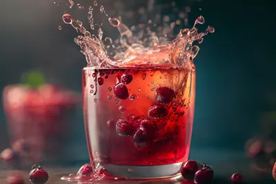 Glass of cranberry juice with splashing cranberries