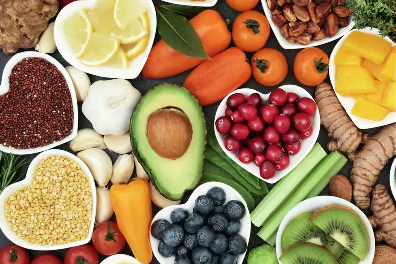 Plant foods including avocado, berries, nuts, grains and vegetables